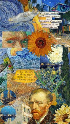 a collage of paintings with words and pictures on the side of it, including an image of a man's face