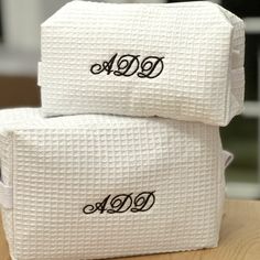 These beautiful personalized waffle weave cosmetic bags make a great set to keep your makeup, toiletries and personal items organized. The matching set is versatile and the monogram adds a stylish touch. Product details: • Large Bag: 9.5" wide x 7" tall x 3.5" deep • Small Bag: 7.9" x 3.5" x 2.4" • Cotton waffle weave exterior with PVC lined interior with one inside pocket • Machine washable. Air dry • Personalize with a monogram or a name/short text For the large waffle weave makeup bag in more Monogrammed Makeup Bags, Makeup Bag Set, Monogram Cosmetic Bag, Couples Monogram, Bag Names, Personalized Makeup Bags, Monogram Styles, Waffle Weave, Travel Cosmetic Bags