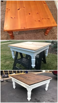 the before and after pictures of an old coffee table makeover with paint, sand and wood