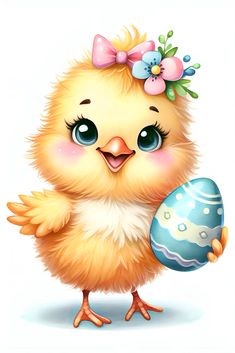 a cute little chick holding an easter egg