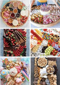 several pictures of different types of food and desserts on plates, including pretzels, waffles, strawberries, crackers