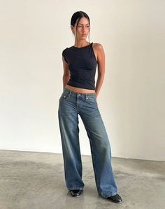 Bright Blue Extra Wide Low Rise Jeans | Roomy – motelrocks-com-us Low Rise Jeans Outfit, Oversized Jeans, Bandeau Dress, Pantalon Large, Body Con Skirt, Low Rise Jeans, Wide Legs, Long Sleeve Maxi Dress, Pants Outfit