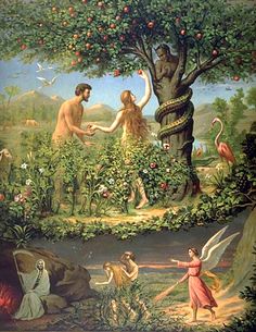 a painting of two people reaching out to an apple tree with birds in the background