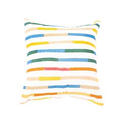 a multicolored striped pillow on a white background