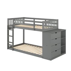 a bunk bed with drawers underneath it and an open shelf on the bottom level for storage