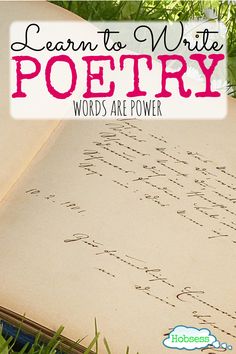 an open book with the words learn to write poetry written in cursive writing