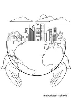 two hands holding the earth with buildings and trees on it, in black and white