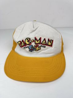 Vintage Pac Man Ball Cap. Retro Flat Brim Hat, One Size Fits Most, Retro Snapback Cap, Retro Snapback Hat, Retro Adjustable Visor Fitted Hat, Retro Baseball Cap With Visor, Retro Snapback Baseball Cap, Retro Cap For Streetwear, Retro Visor Snapback Hat One Size Fits Most, Retro Streetwear Cap