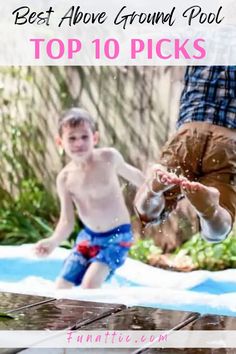 a young boy is playing in the water with his father