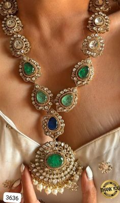 Premium Gold Plated Emerald Big Size Uncut Jadau Kundan Polki | Finest Sabya Inspired Polki Necklace | Sabyasachi Jewelry Victorian Jewelry Make a bold statement with our Big Size Uncut Polki Long Necklace, a stunning piece of handcrafted jewelry that exudes elegance and sophistication. Featuring oversized uncut polki stones meticulously set in a gold plated base, this necklace commands attention with its exquisite design and intricate detailing. Perfect for brides, special occasions, or adding a touch of glamour to everyday outfits, this versatile necklace is sure to become a cherished heirloom. Each stone is carefully chosen for its exceptional quality and brilliance, ensuring that you sparkle and shine from every angle. Embrace the timeless beauty of Indian craftsmanship with this extra Sabyasachi Jewelry, Jewelry Victorian, Sabyasachi Jewellery, Polki Necklace, Victorian Jewelry, Traditional Jewelry, Designer Jewelry, Exquisite Design, Necklace Designs