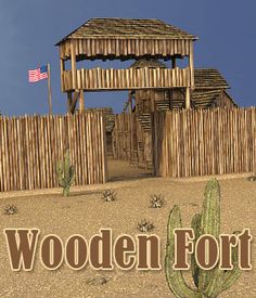 wooden fort with cactus and american flag in the background, 3d rendering by dxf studio