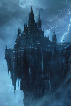 a castle on top of a mountain with lightning in the sky