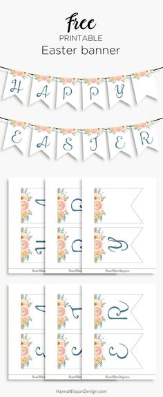 the printable easter banner is shown with flowers and buntings on it, along with