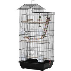 a large bird cage with two levels and several birds in the top tier, on a white background