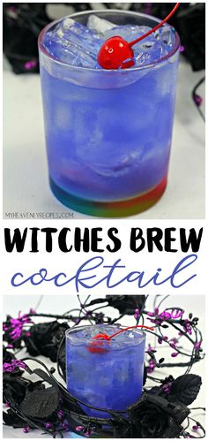 witches brew cocktail with blue liquid and a cherry on top