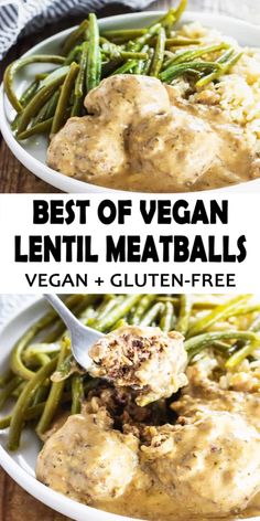 two plates with meatballs and green beans on them, the title says best of vegan lentil meatballs