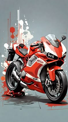 a painting of a red motorcycle on a gray background