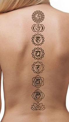 the back of a woman's body with seven chakragrams on it