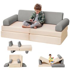 a young boy sitting on top of a couch next to different pieces of furniture and toys