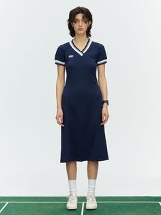 This is a trendy and casual dress by MENASOO that is made out of high quality and sturdy material. With distinctive mood of the design and comfortable wear, you can style it for your casual daily outfit.- Color point on the neck and cuffs ribbing- Logo embroidery on the front chest- Sporty and casual mood Navy Cotton Casual Dress, Casual Cotton V-neck Midi Dress, Fitted Cotton Casual Midi Dress, Fitted Cotton Midi Dress Casual, Navy Casual Short Sleeve Midi Dress, Navy Short Sleeve Casual Midi Dress, Navy Cotton Midi Dress, Navy Cotton Midi Dress For Spring, Navy Fitted Casual Midi Dress