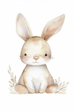 a watercolor painting of a bunny sitting on the ground