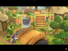 an animal crossing a wooden bridge over a pond in the middle of a cartoon world