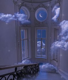 an empty room with clouds and the moon in the sky