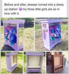 an old dresser turned into a dressing table with clothes hanging on the doors and drawers