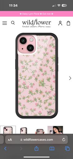 an iphone case with pink flowers on it and the words wildflower printed on it