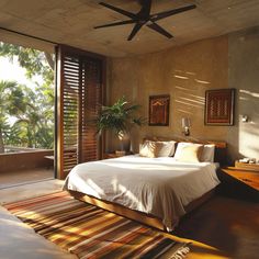 a bedroom with a large bed and wooden shutters on the windowsill is shown