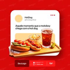 an ad for hotdogs and fries on a wooden tray with a glass of soda