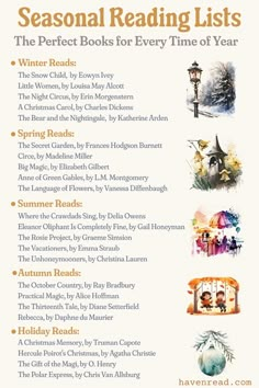 the seasonal reading list for children's books is shown in this graphic above it