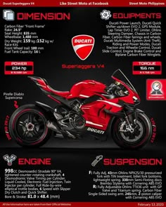 a red motorcycle is shown in this ad for the ducati superlegia v