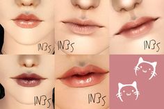 four different types of lips with cat's head on them and the names in each