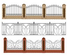 an iron fence with brick pillars and gates on the sides, set of three views