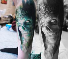 two people with tattoos on their legs and one has an alien head in the middle