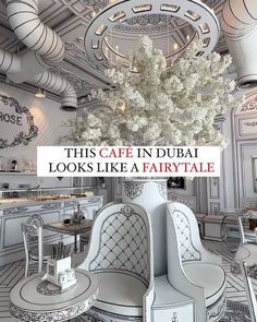 this cafe in dubai looks like a fairy tale with white furniture and chandelier