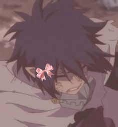 an anime character with black hair and pink bows