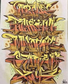 some type of graffiti written in yellow and orange colors on a piece of white paper