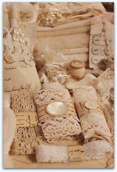 an assortment of lace and buttons on display