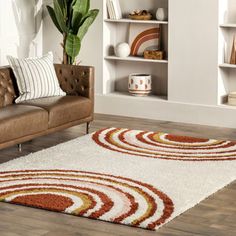 a living room filled with furniture and a white rug