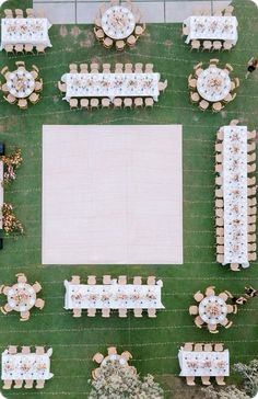 an overhead view of tables and chairs set up for a formal function