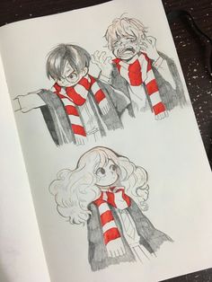 two drawings of harry potter and hermione's scarfs on a table