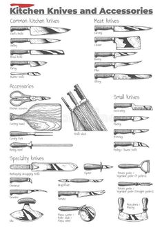 kitchen knives and accessories are shown in this black and white drawing royalty illustration, clip art