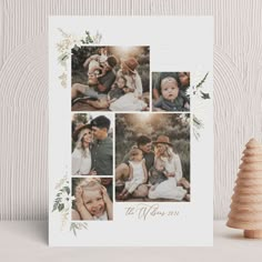 a christmas card with four photos on it and a small tree in the foreground