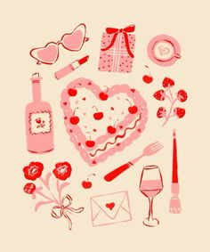 valentine's day items arranged in the shape of a heart, wine bottle, and glasses