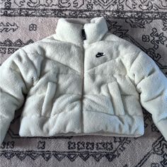 Off White Color Size Small To Big On Me:( White Puffer Jacket With Fleece Lining, Beige Double-lined Hood Puffer Jacket For Fall, Beige Hooded Puffer Jacket With Double-lined Hood, Beige Long Sleeve Puffer Jacket With Double-lined Hood, White Nylon Puffer Jacket With Double-lined Hood, Off White Color, Nike Women, Puffer, Off White