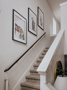 a staircase with pictures hanging on the wall