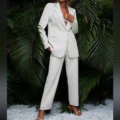 Brand New Never Been Worn / Solid White Cream Blazer & Pants / Women’s Pantsuit With Pockets / Size 8/10 Blazer Pants Women, Pioneer Dress, Tuxedo Jumpsuit, Black Strapless Jumpsuit, Cream Trousers, Black Tie Formal, Cream Blazer, Ankle Dress Pants, White Suit