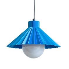 a blue and white light hanging from a ceiling